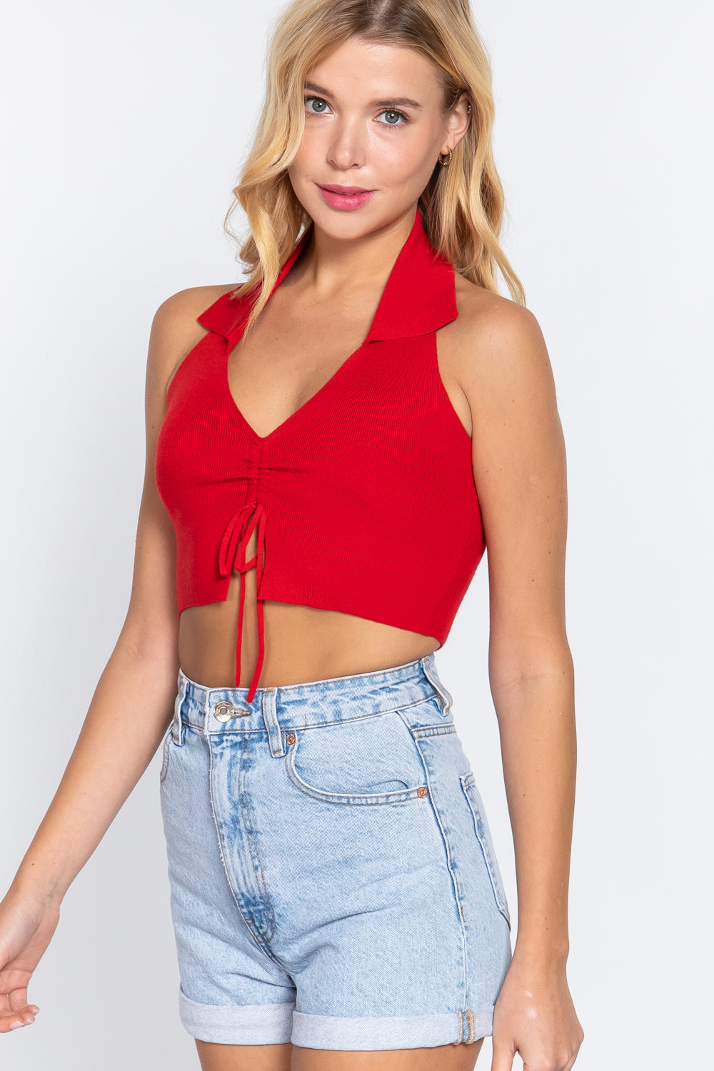 Halter Ruched Crop Sweater Knit Top king-general-store-5710.myshopify.com