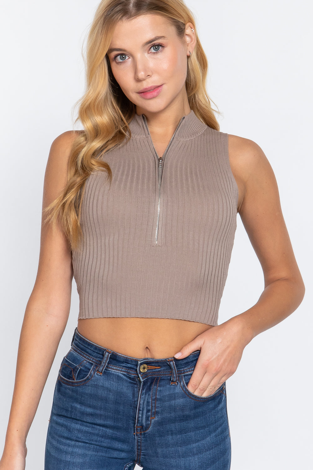 Sleeveless Rib Sweater Top W/zipper king-general-store-5710.myshopify.com