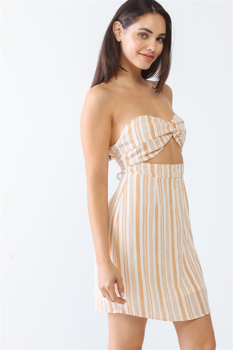 White & Apricot Stripe Print Strapless Twist Cut-out Smocked Back Mini Dress king-general-store-5710.myshopify.com