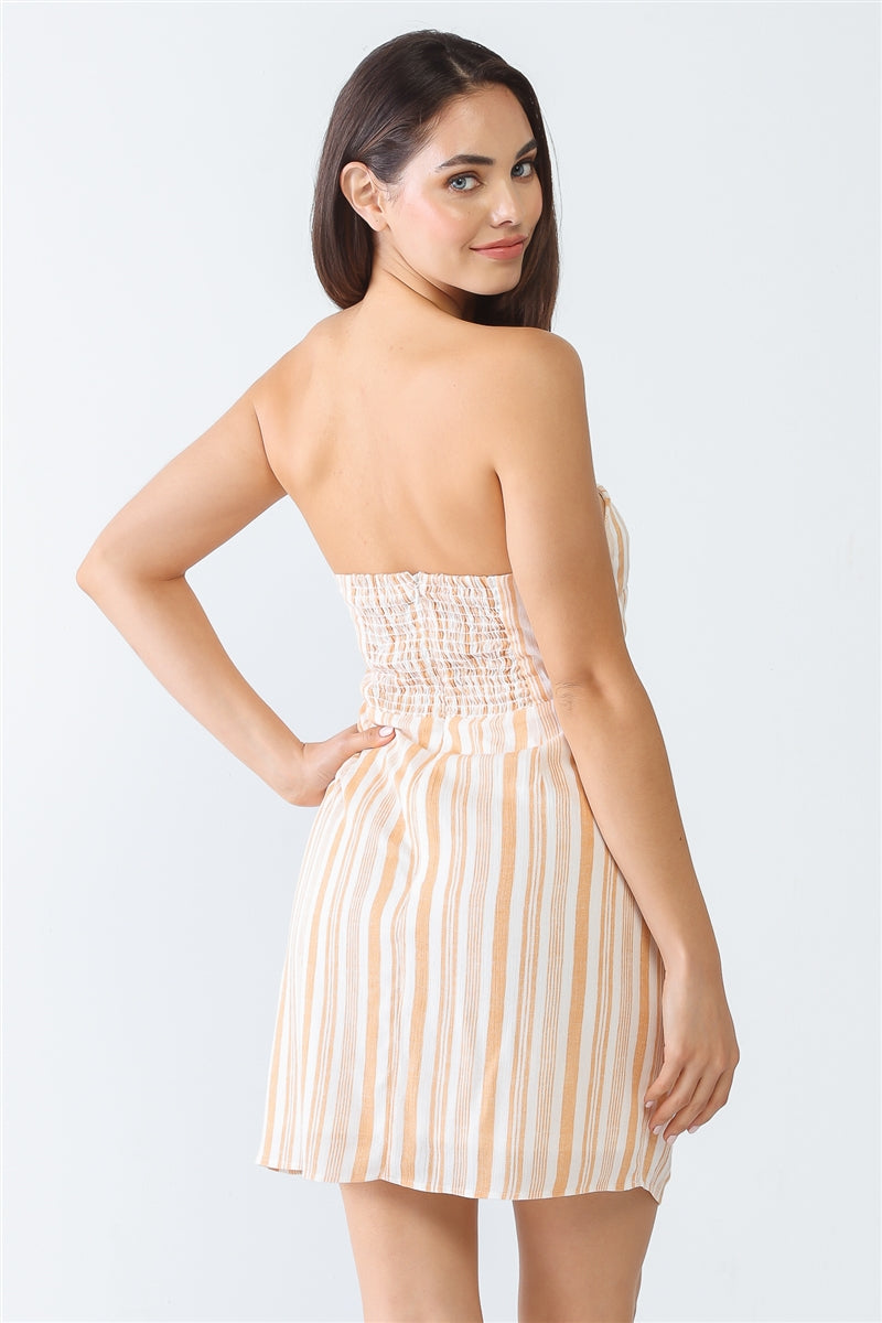 White & Apricot Stripe Print Strapless Twist Cut-out Smocked Back Mini Dress king-general-store-5710.myshopify.com