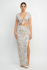 Front Knot Floral Top & Ruched Maxi Skirts Set king-general-store-5710.myshopify.com