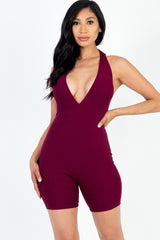 Casual Solid Halter V-Neck Ribbed Bodycon Romper king-general-store-5710.myshopify.com