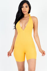 Casual Solid Halter V-Neck Ribbed Bodycon Romper king-general-store-5710.myshopify.com