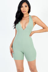 Casual Solid Halter V-Neck Ribbed Bodycon Romper king-general-store-5710.myshopify.com