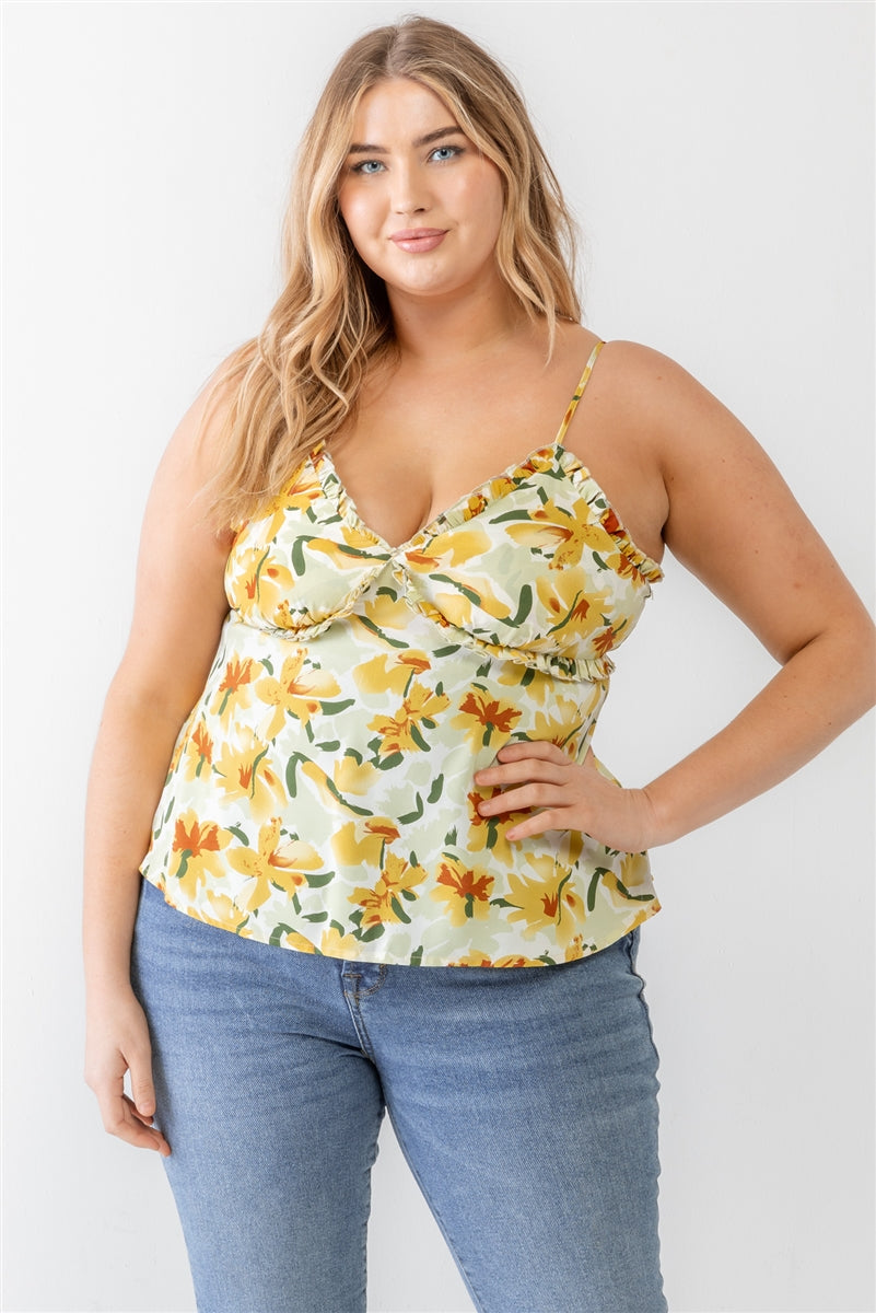 Plus Floral Print Woven Ruffle Sleeveless Back Zipper Tank Top king-general-store-5710.myshopify.com