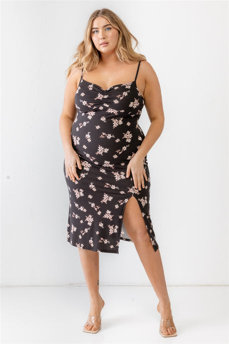 Plus Floral Ribbed Ruched Sleeveless Midi Dress king-general-store-5710.myshopify.com