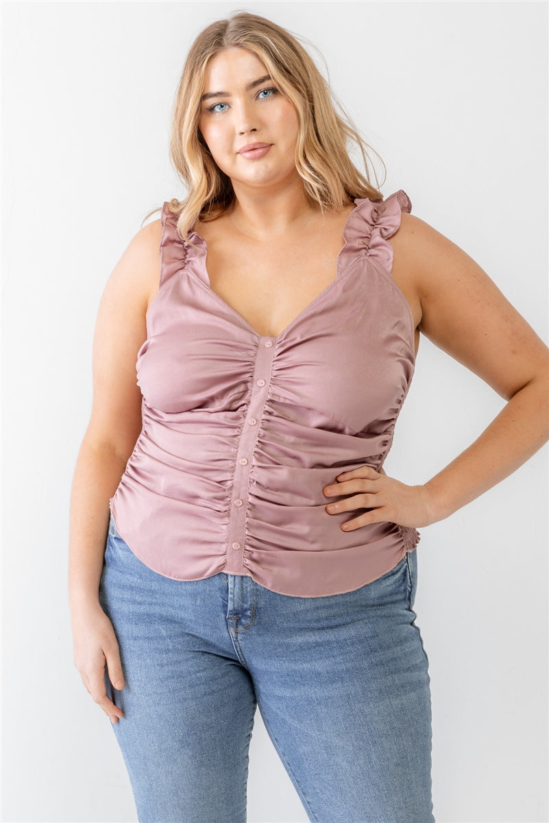 Plus Ruched Button-up Ruffle Strap Smocked Back Tank Top king-general-store-5710.myshopify.com