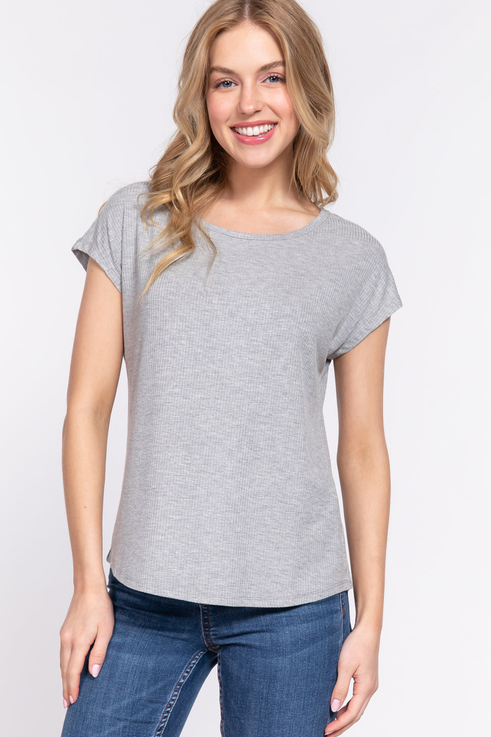 Short Dolman Sleeve Rib Knit Top Heather Grey king-general-store-5710.myshopify.com