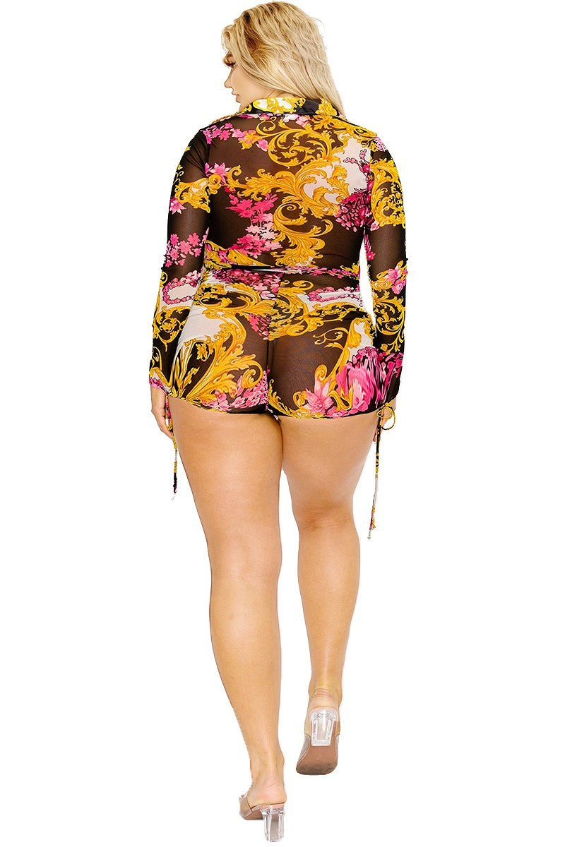 Plus gold & floral pattern print belted romer king-general-store-5710.myshopify.com