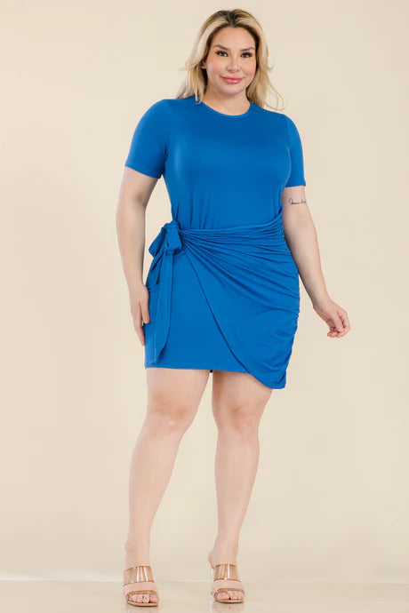 Plus Size Solid Wrap Front Tie Side Short Sleeve Mini Dress king-general-store-5710.myshopify.com