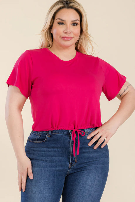 Plus Size Tie Front Drawstring Short Sleeve Crop Top king-general-store-5710.myshopify.com