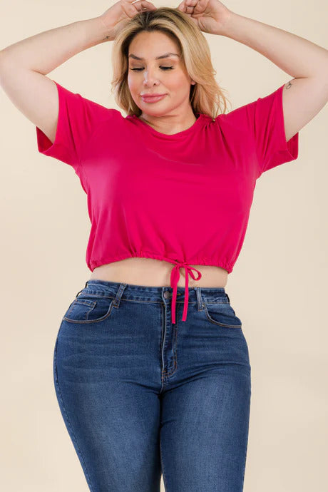 Plus Size Tie Front Drawstring Short Sleeve Crop Top king-general-store-5710.myshopify.com