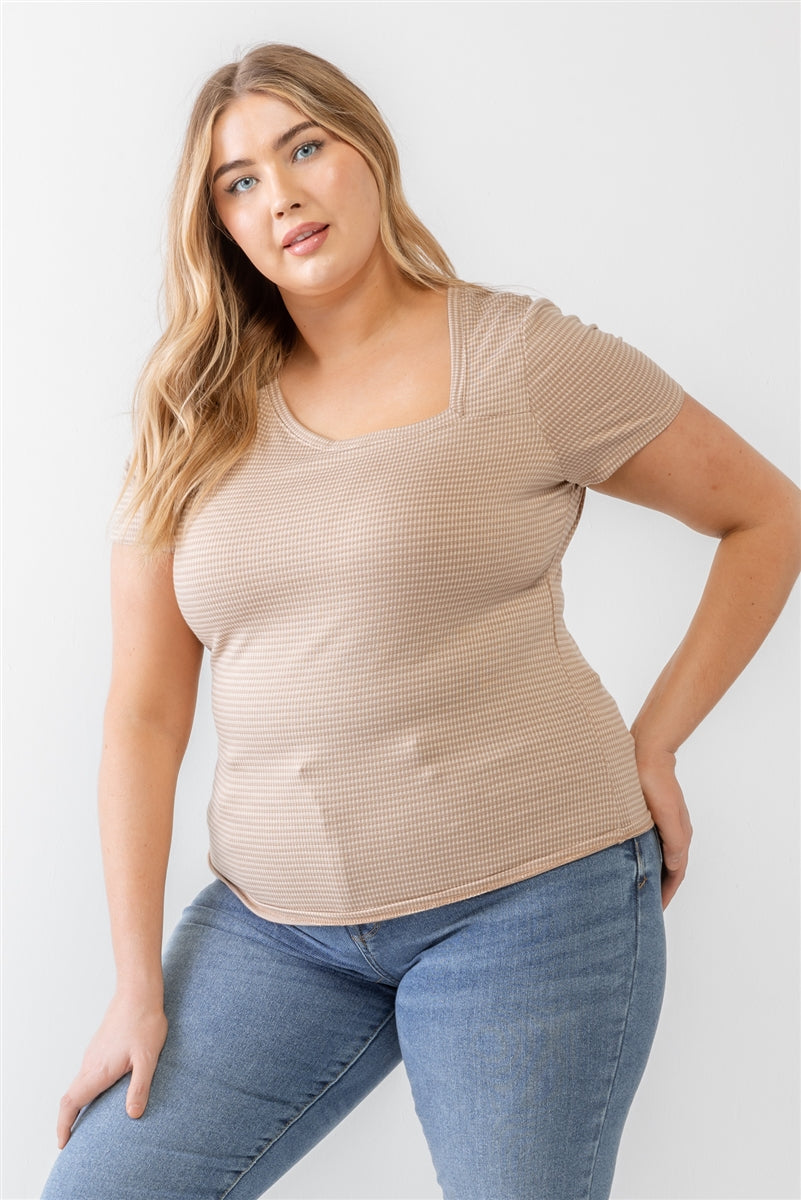 Plus Taupe Waffle Knit Angled Neck Short Sleeve Top king-general-store-5710.myshopify.com