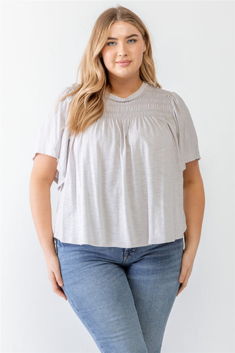 Plus Grey Cotton Blend Smoked Short Sleeve Top king-general-store-5710.myshopify.com