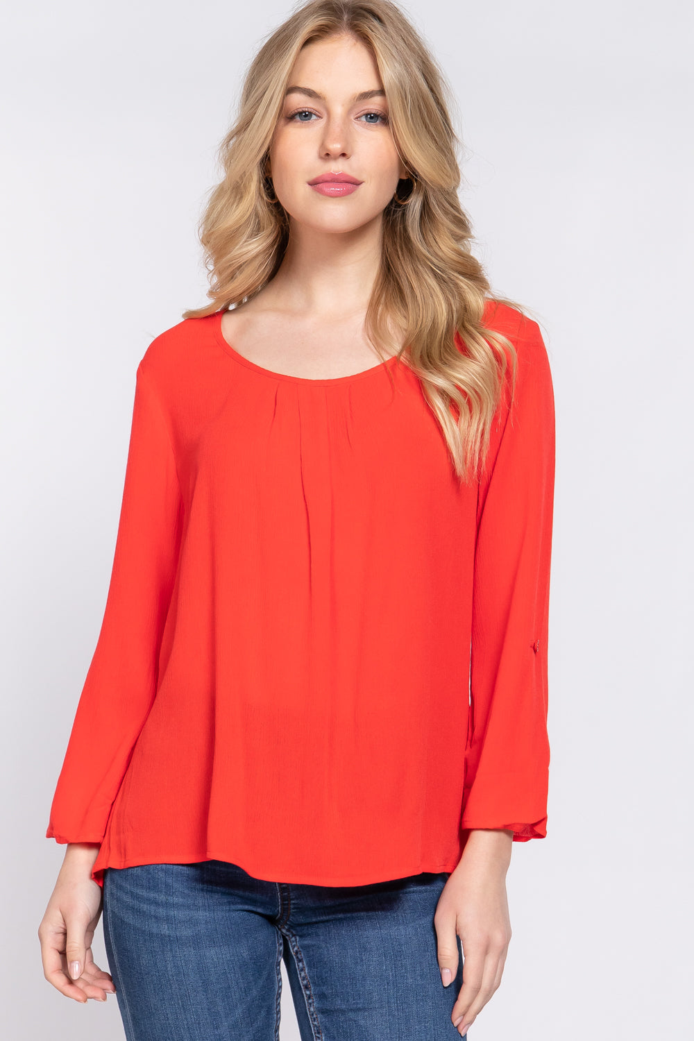 Tomato 3/4 Roll Up Sleeve Pleated Blouse king-general-store-5710.myshopify.com