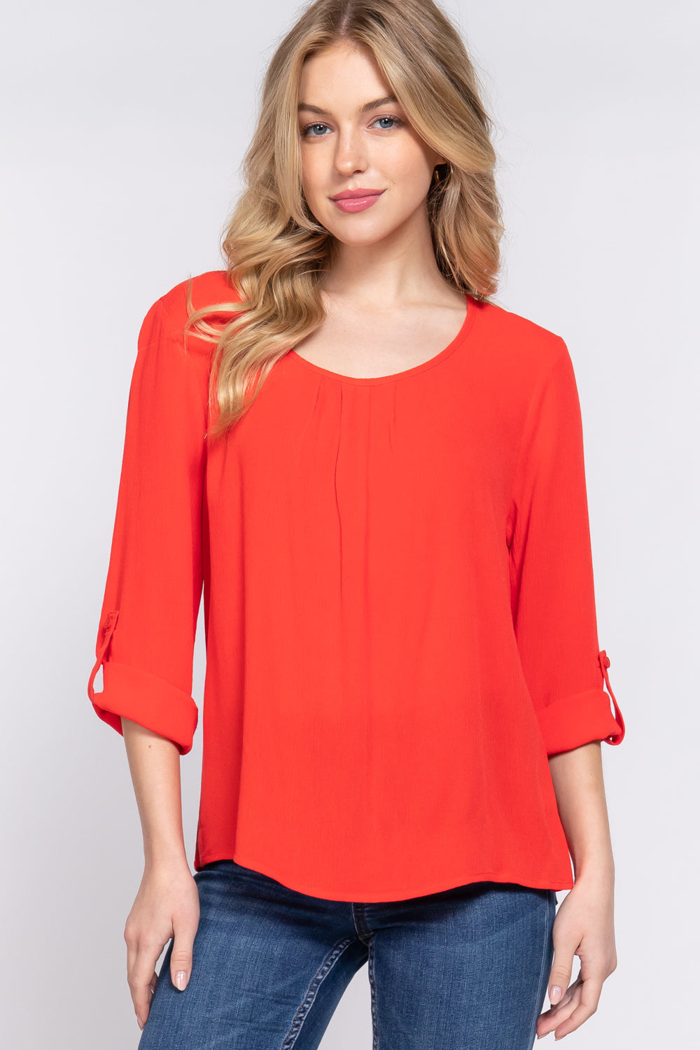 Tomato 3/4 Roll Up Sleeve Pleated Blouse king-general-store-5710.myshopify.com