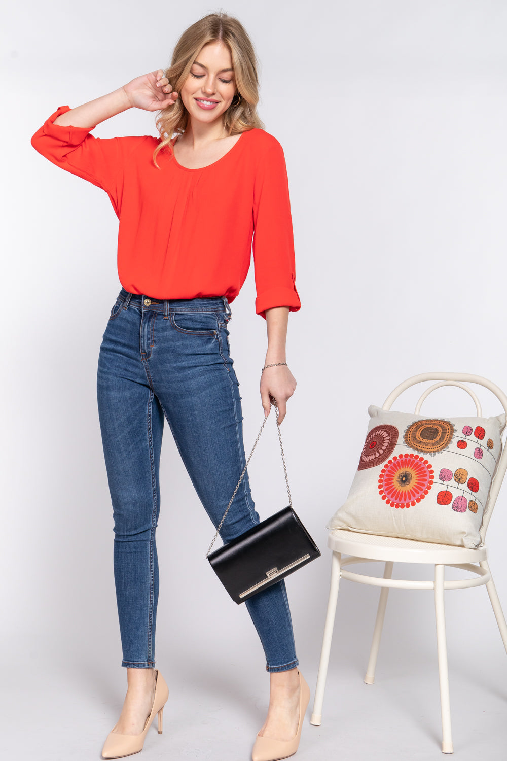 Tomato 3/4 Roll Up Sleeve Pleated Blouse king-general-store-5710.myshopify.com