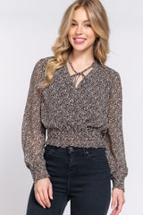 Black Surplice Smocked Print Chiffon Blouse king-general-store-5710.myshopify.com