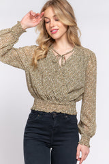 Olive Surplice Smocked Print Chiffon Blouse king-general-store-5710.myshopify.com