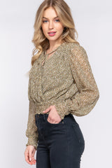 Olive Surplice Smocked Print Chiffon Blouse king-general-store-5710.myshopify.com