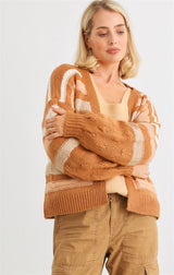 Camel Striped Crochet Knit Two Pocket Open Front Cardigan king-general-store-5710.myshopify.com