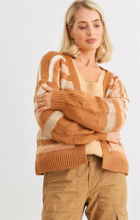 Camel Striped Crochet Knit Two Pocket Open Front Cardigan king-general-store-5710.myshopify.com