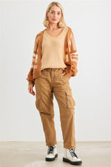 Camel Striped Crochet Knit Two Pocket Open Front Cardigan king-general-store-5710.myshopify.com