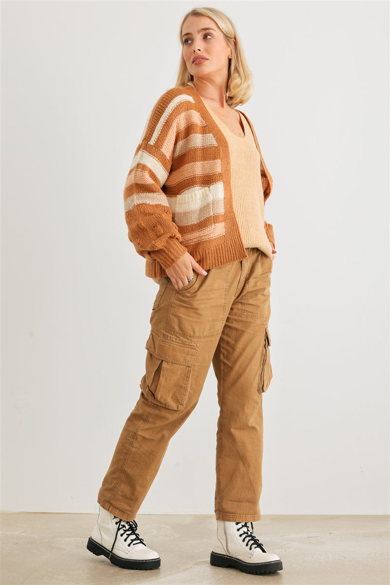 Camel Striped Crochet Knit Two Pocket Open Front Cardigan king-general-store-5710.myshopify.com