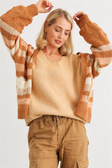 Camel Striped Crochet Knit Two Pocket Open Front Cardigan king-general-store-5710.myshopify.com