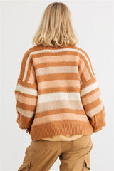 Camel Striped Crochet Knit Two Pocket Open Front Cardigan king-general-store-5710.myshopify.com