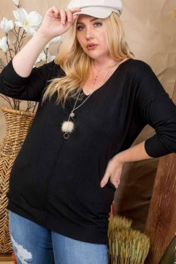 Plus Size V Neck 3/4 Sleeve Side Slit Hi-lo Sweater king-general-store-5710.myshopify.com