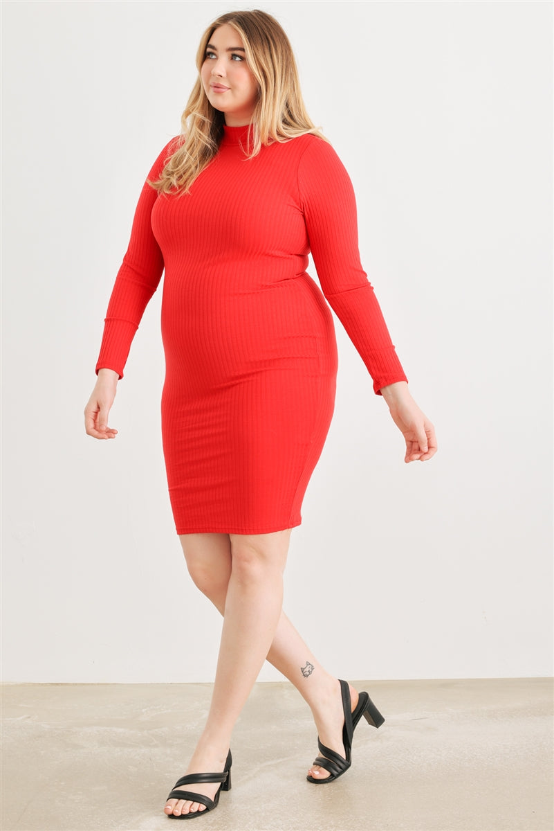 Plus Red Ribbed Long Sleeve Mock Neck Cut-out Back Midi Dress king-general-store-5710.myshopify.com