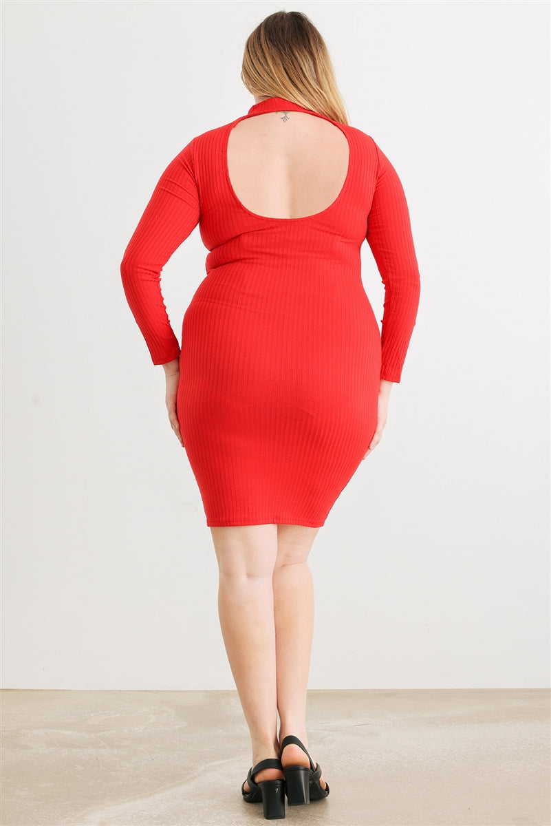 Plus Red Ribbed Long Sleeve Mock Neck Cut-out Back Midi Dress king-general-store-5710.myshopify.com