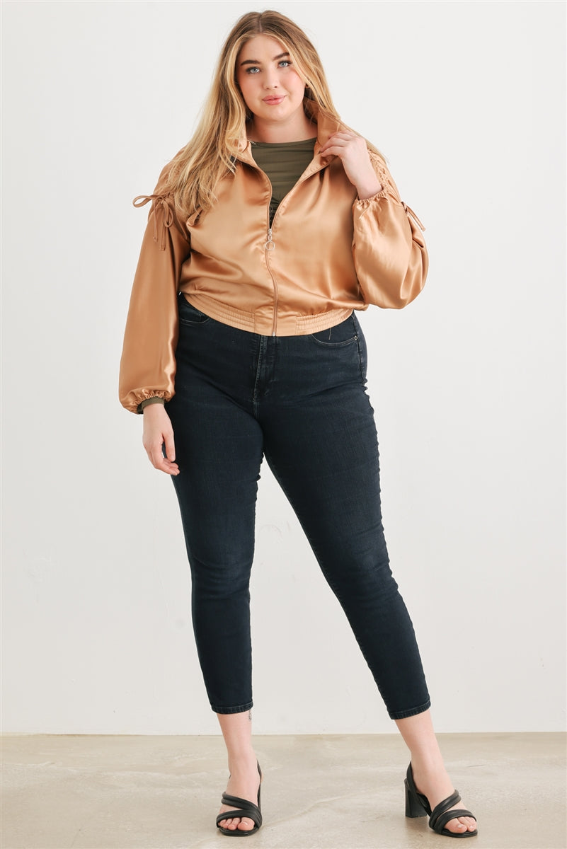Plus Satin Zip-up Ruched Long Sleeve Cropped Bomber Jacket king-general-store-5710.myshopify.com
