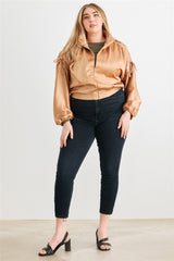 Plus Satin Zip-up Ruched Long Sleeve Cropped Bomber Jacket king-general-store-5710.myshopify.com