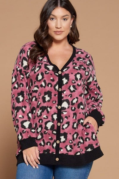 Plus Size Cozy Animal Print With Brush Button Up Cardigan in Wine king-general-store-5710.myshopify.com