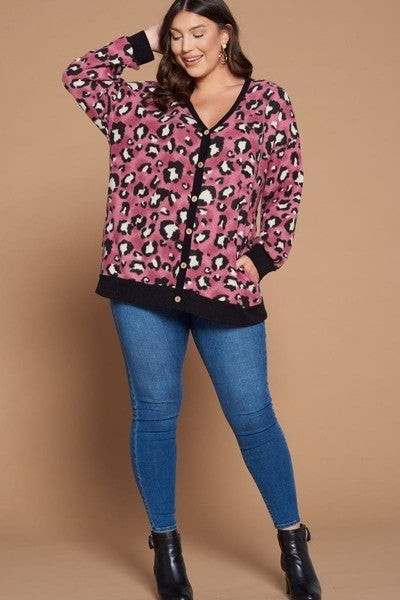 Plus Size Cozy Animal Print With Brush Button Up Cardigan in Wine king-general-store-5710.myshopify.com