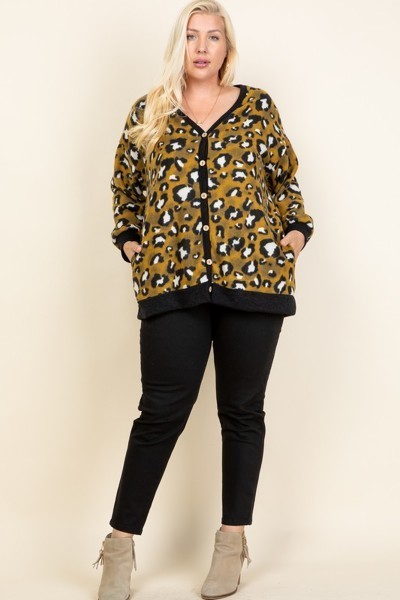 Plus Size Cozy Animal Print With Brush Button Up Cardigan in Mustard king-general-store-5710.myshopify.com