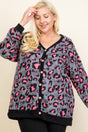 Plus Size Cozy Animal Print With Brush Button Up Cardigan in Grey/Neon Pink king-general-store-5710.myshopify.com