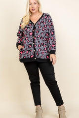Plus Size Cozy Animal Print With Brush Button Up Cardigan in Grey/Neon Pink king-general-store-5710.myshopify.com