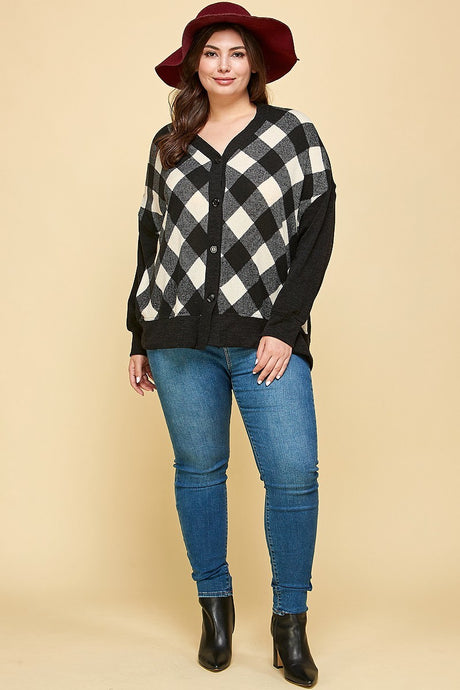 Plus Size Buffalo Plaid Knit Button Up Oversize Cardigan in Off White/Black king-general-store-5710.myshopify.com