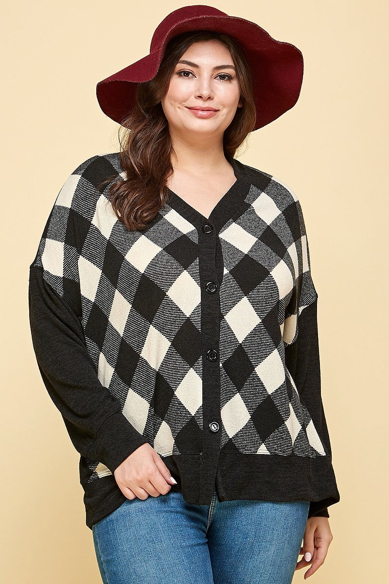 Plus Size Buffalo Plaid Knit Button Up Oversize Cardigan in Off White/Black king-general-store-5710.myshopify.com