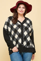 Plus Size Buffalo Plaid Knit Button Up Oversize Cardigan in Off White/Black king-general-store-5710.myshopify.com