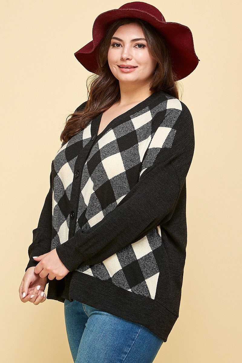 Plus Size Buffalo Plaid Knit Button Up Oversize Cardigan in Off White/Black king-general-store-5710.myshopify.com