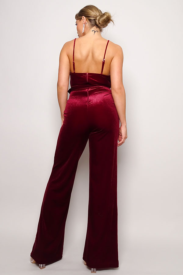 Samba Rhinestone Belt Velvet Jumpsuit in Burgundy king-general-store-5710.myshopify.com