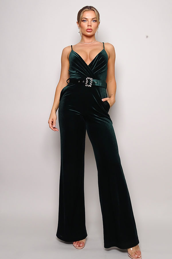 Samba Rhinestone Belt Velvet Jumpsuit in Hunter Green king-general-store-5710.myshopify.com