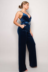 Samba Rhinestone Belt Velvet Jumpsuit in Teal king-general-store-5710.myshopify.com