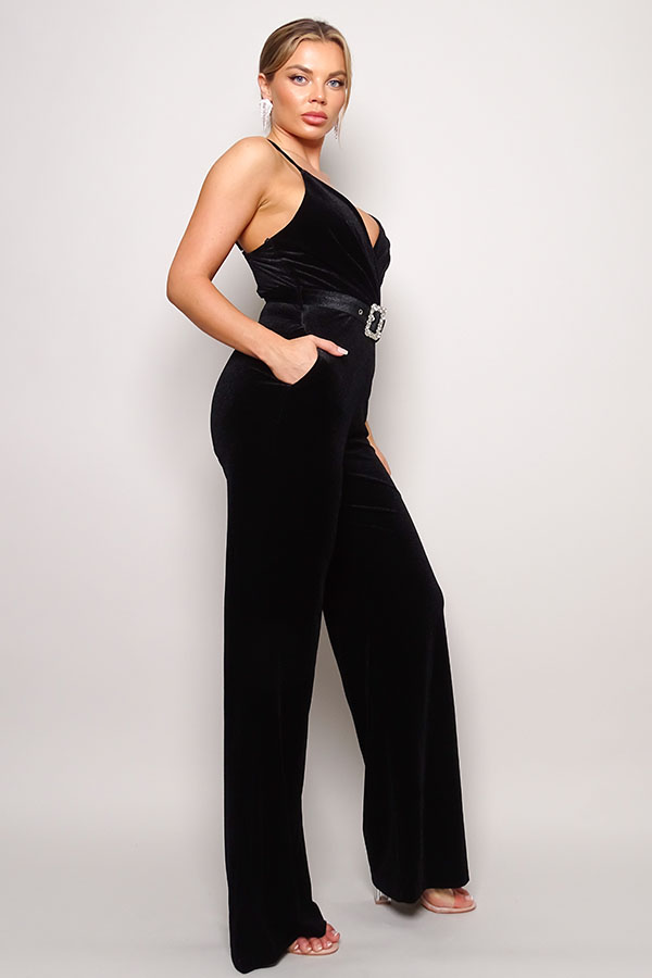 Samba Rhinestone Belt Velvet Jumpsuit in Black king-general-store-5710.myshopify.com