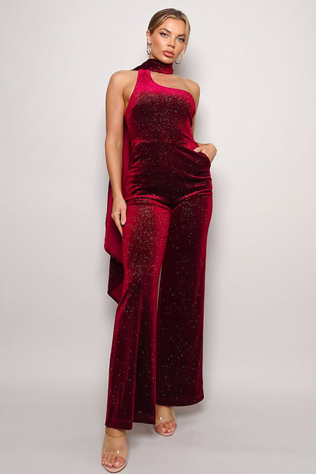 Scarf Top Glitter Velvet Jumpsuit in Burgundy king-general-store-5710.myshopify.com