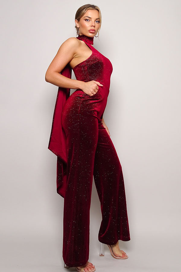 Scarf Top Glitter Velvet Jumpsuit in Burgundy king-general-store-5710.myshopify.com